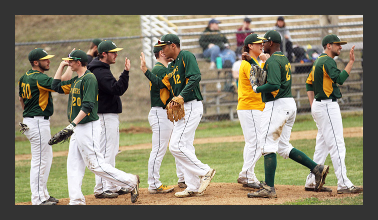 Baseball Sweeps Elms With 4-3, 2-1 NECC Victories