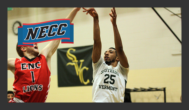 josh borders follows through on a shot with the necc logo to the side