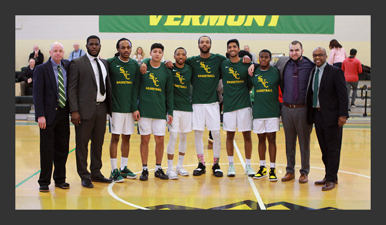 the six mountaineer seniors pose with the svc men's basketball coaching staff