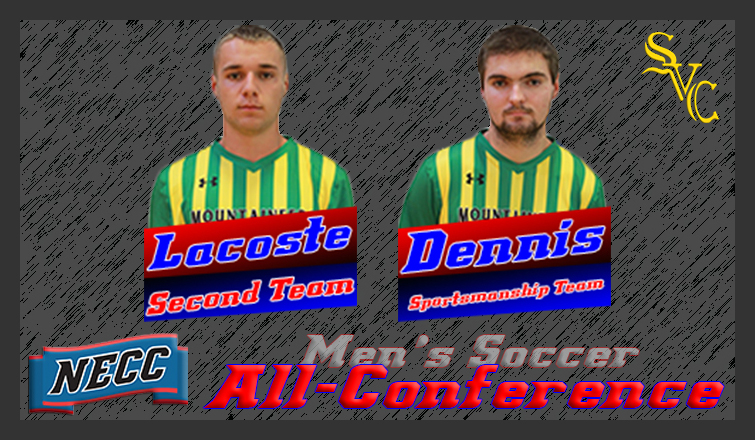 The New England Collegiate Conference (NECC) released its 2017 men?s soccer awards and all-league accolades on Tuesday with Southern Vermont College freshman forward Jared Lacoste (Arlington, Vt.) being voted onto the All-NECC Second Team while sophomore captain Lee Dennis (Chocorua, N.H.) was named to the NECC All-sportsmanship Team.