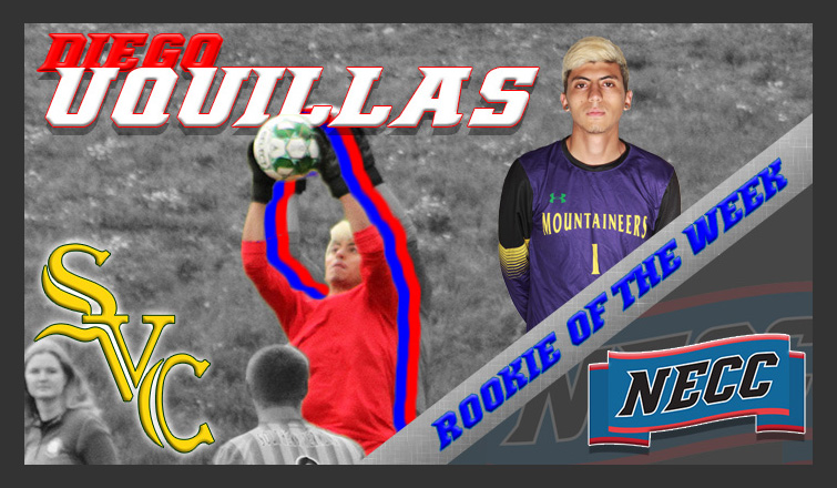 diego uquillas jumps up for a save; he was named the necc rookie of the week on tuesday