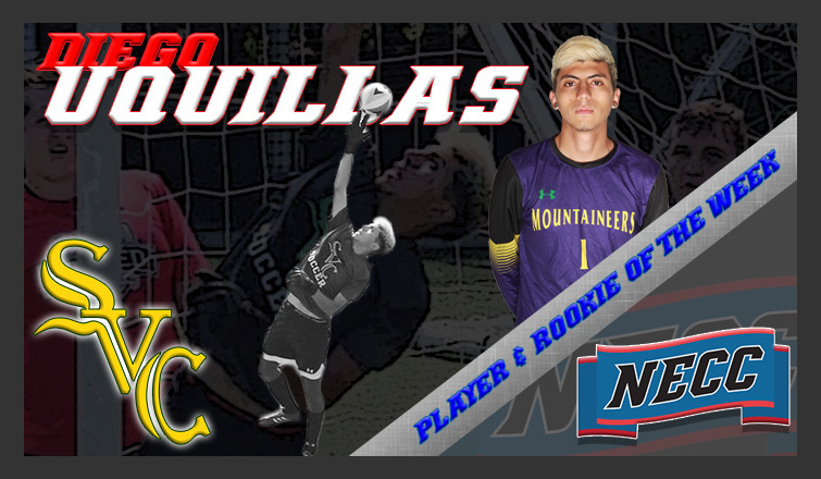 diego uquillas leads for the ball; he was named the necc men's soccer player and rookie of the week