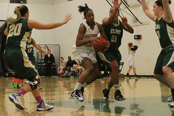 Elms Downs Women's Basketball 75-63 in NECC Tilt