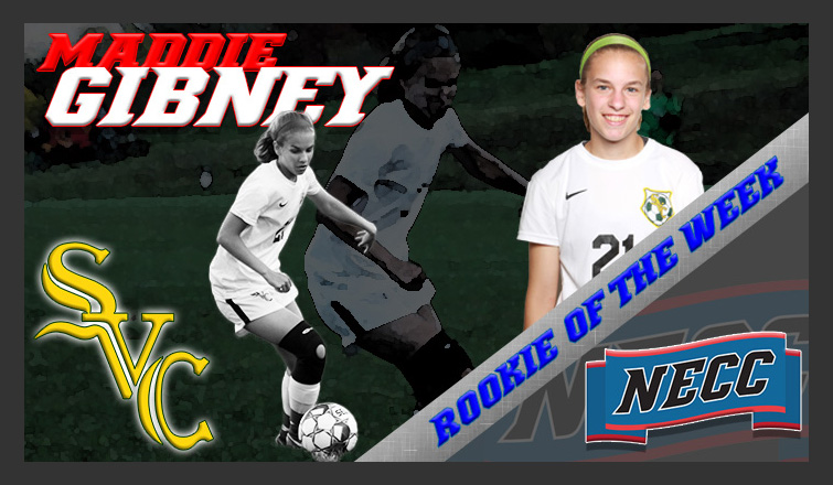 maddie gibney dribbles the ball; she was named the necc women's soccer rookie of the week on monday