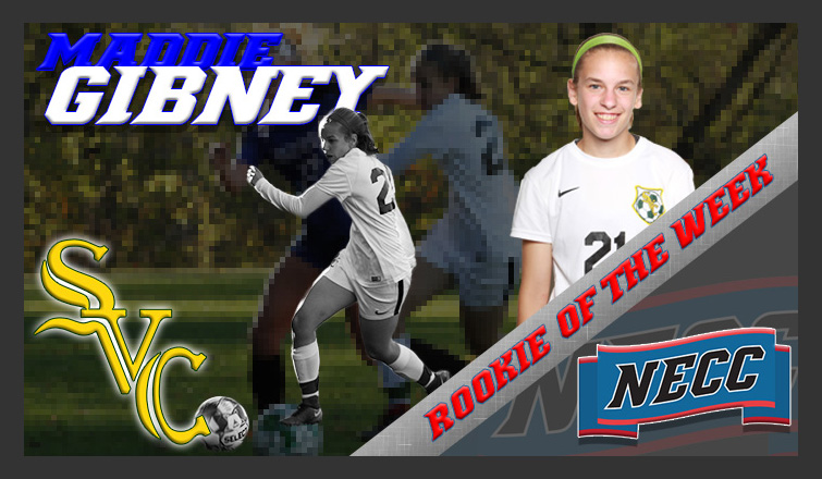 maddie gibney dribbles the ball; she was named the necc rookie of the week