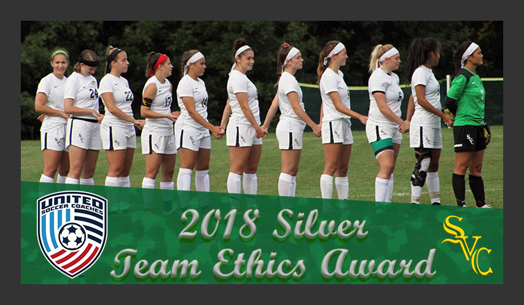 svc women's soccer team standing in a line with hands held, the USC logo and the SVC Athletics logo with text:
