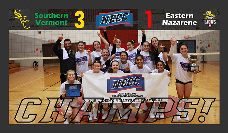 women's volleyball team poses with the necc championship trophies